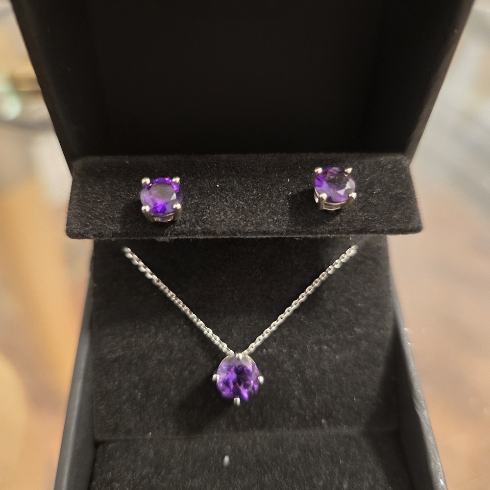 Kay Jewelers Sterling Silver Amethyst (February) Birthstone Earring and Necklace